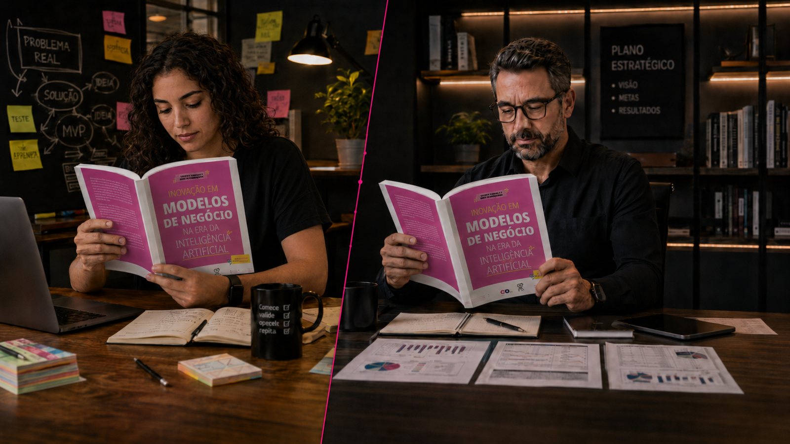 Dois leitores do livro: um jovem empreendedor validando a ideia e um executivo revisando o plano estratégico