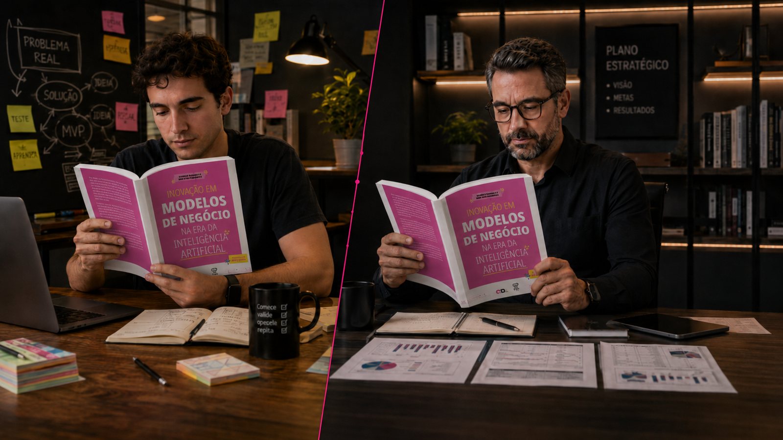 Dois leitores do livro: um jovem empreendedor validando a ideia e um executivo revisando o plano estratégico